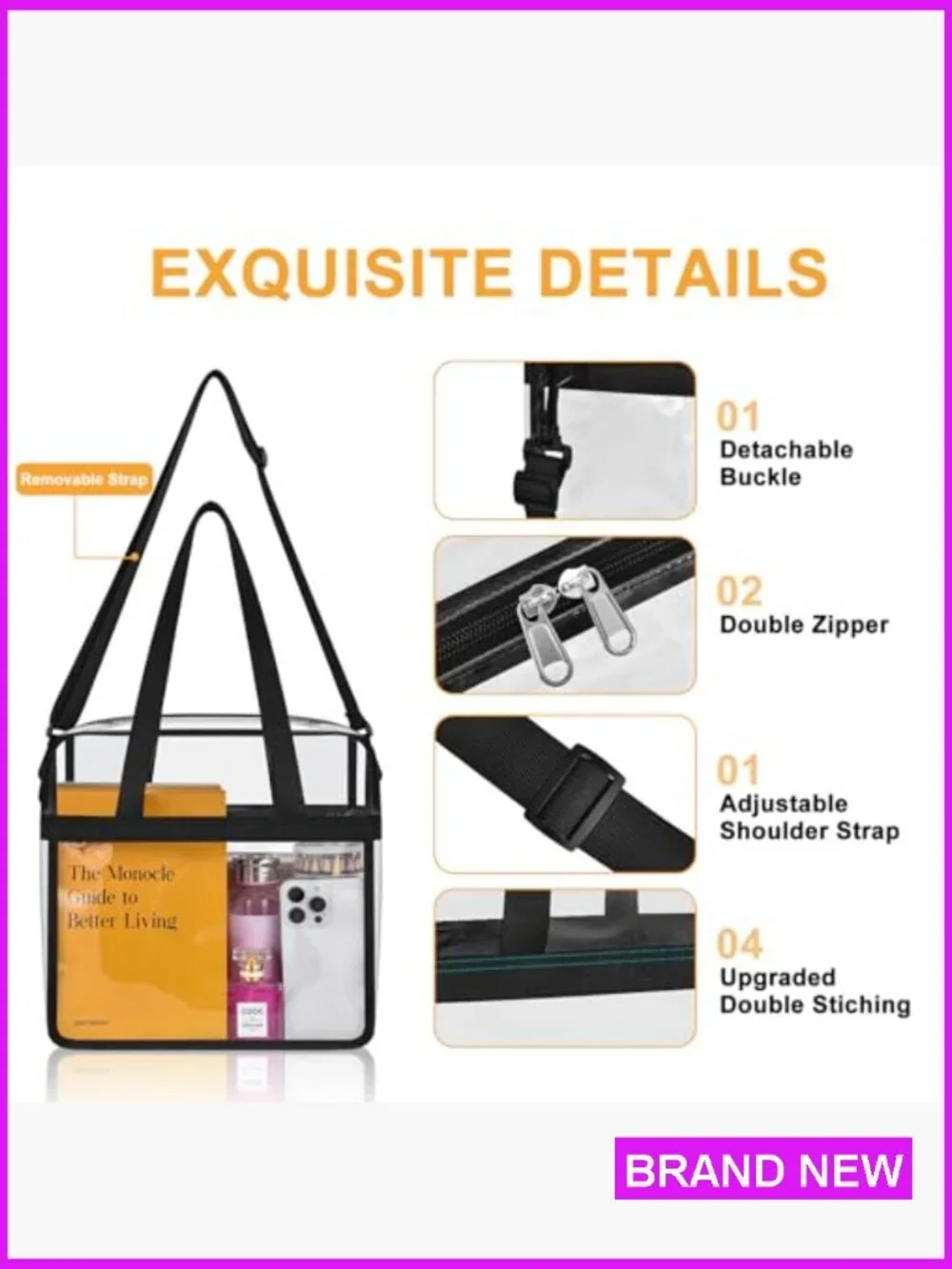 Clear Tote Bag Stadium Approved Crossbody Shoulder Strap Large Capacity PVC